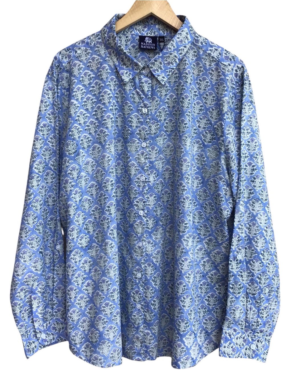 Madison Mathews Hand Printed and Woven Floral Cotton Button Up Long Sleeve NEW
